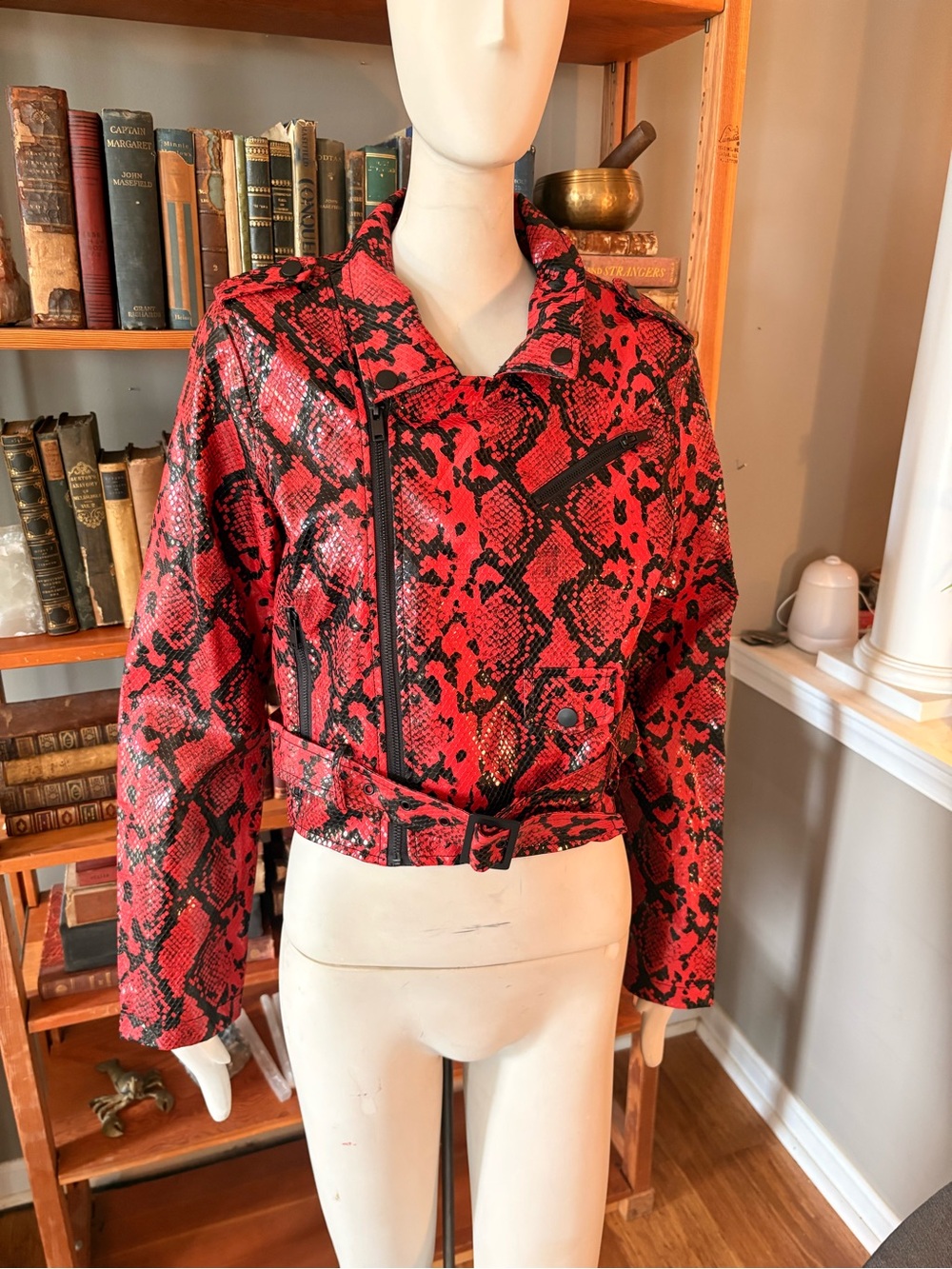 Ashley by 26 Cropped Red Snake-Print Faux Leather Moto Jacket